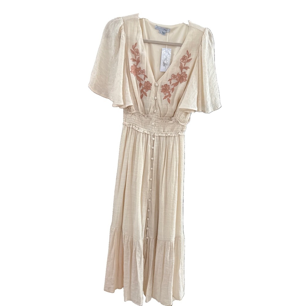 Baltic Born Luz Corset Embroidered Flutter Sleeve Dress Natural Boho S New